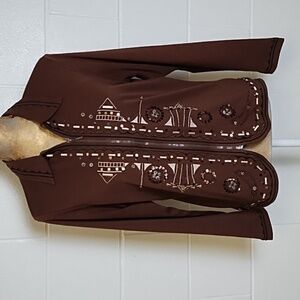 Ann Trinity Brown Black Cream Beaded Embroidered Jersey Knit Zip Jacket